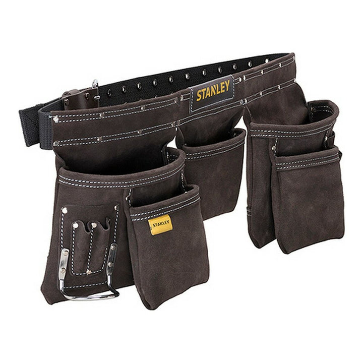 Brauner Stanley Werkzeughalter mit vielen Taschen und weißer Naht.
