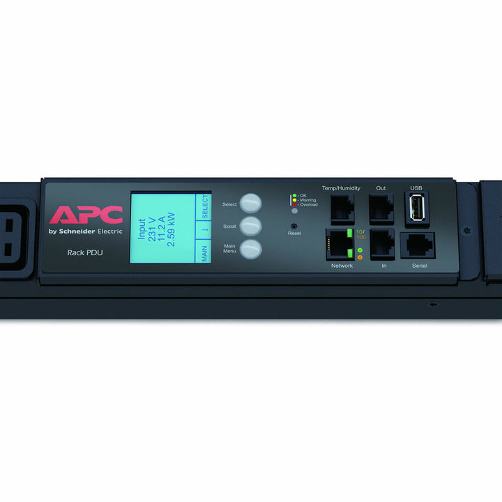 Schwarzer APC AP8886 Stromverteiler mit Display, Netzwerk, USB und seriellen Ports.