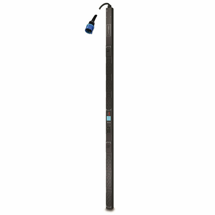 Schwarzer APC AP7854 Stromverteiler mit zahlreichen Ausgängen und blauem Stecker.