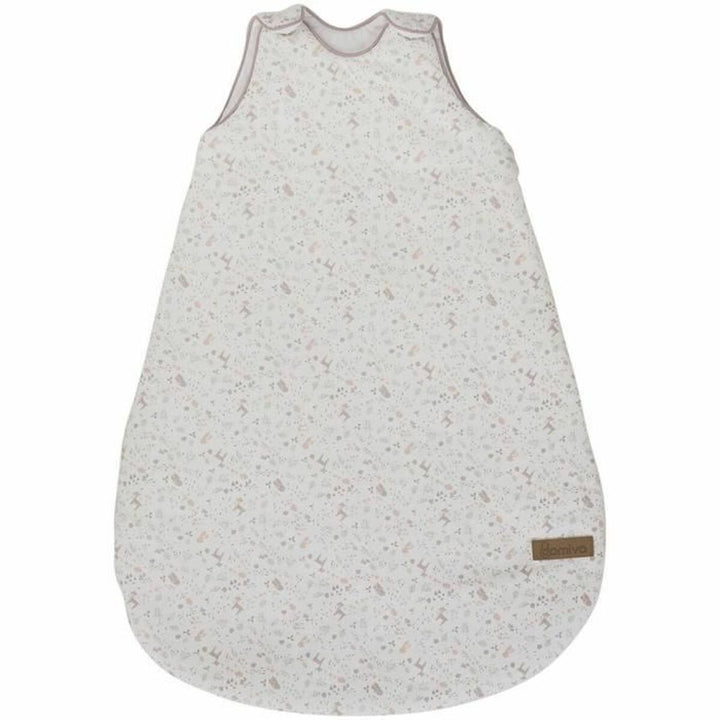 Beiger Domiva Schlafsack für Babys (0-6 Monate) mit zartem Muster. Ärmelloses Design.