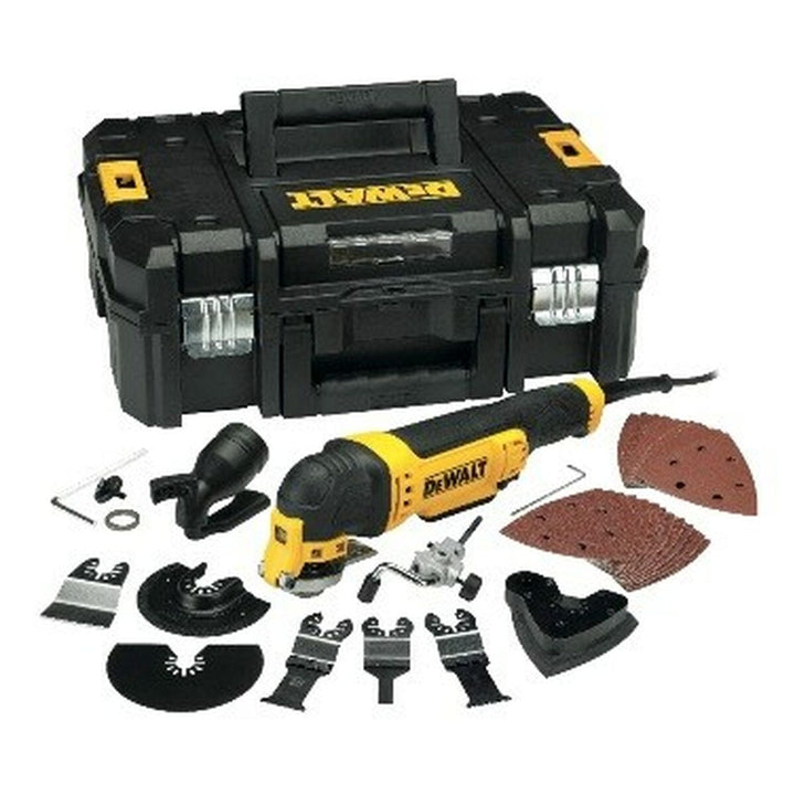 Dewalt DWE315KT Multifunktionswerkzeug mit Zubehör und Werkzeugkasten, gelb und schwarz.