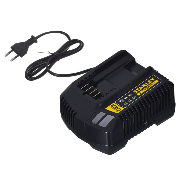 Schwarzes Stanley Fatmax V20 Ladegerät mit Ladekabel für Schraubendreher. Kompaktes Design.