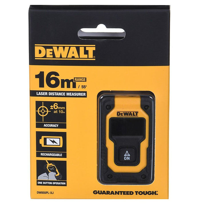 Gelber Dewalt DW055PL-XJ Entfernungsmesser mit 16 m Reichweite in der Verpackung. Laser Distanz Messgerät.