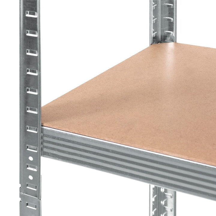 Graues verzinktes Stahlregal mit MDF Holzplatte. Stahl und Holz Ablage.