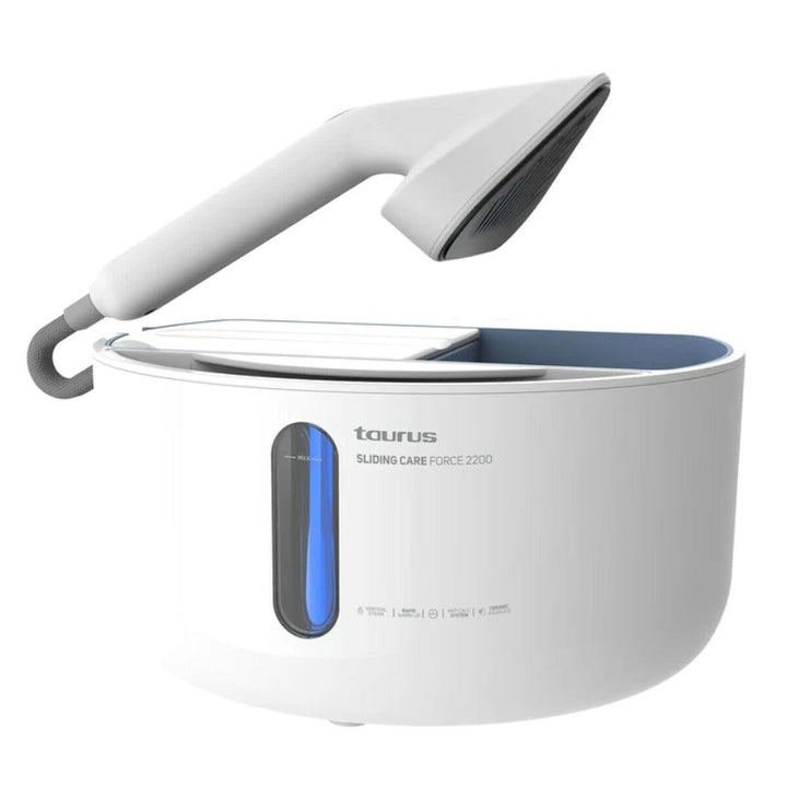 Weißer Taurus Sliding Care Force 2200 Dampfreiniger mit abnehmbarem Dampfkopf und Wasserstandsanzeige.