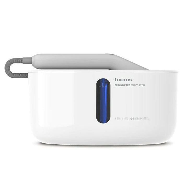 Weißer Taurus Sliding Care Force 2200 Dampfreiniger mit Wasserstandsanzeige und Schlauch.