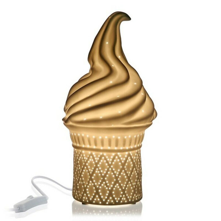 Versa Ice Cream Tischlampe aus Porzellan. Das Licht scheint durch das Waffelmuster.
