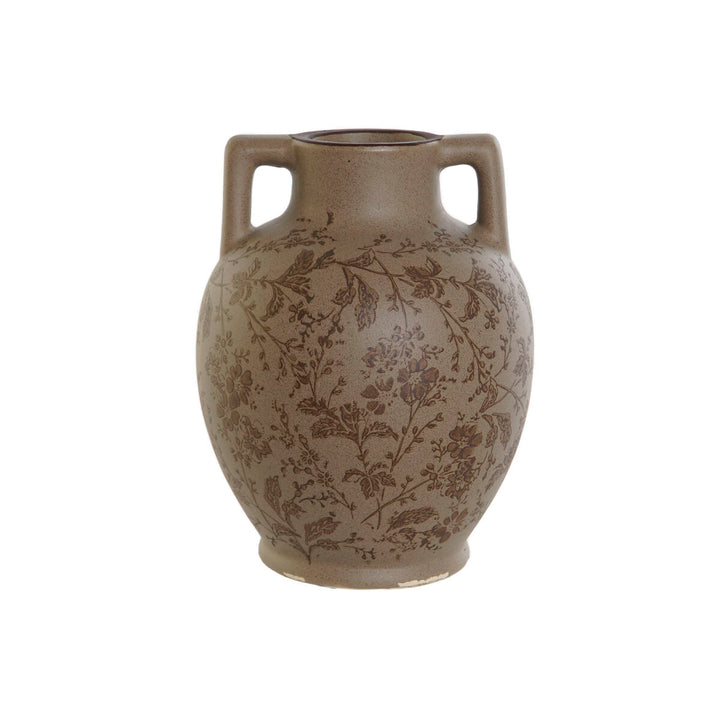 Braune Steingut Vase mit Pflanzenblatt Muster. Home Deko mit zwei Henkeln.