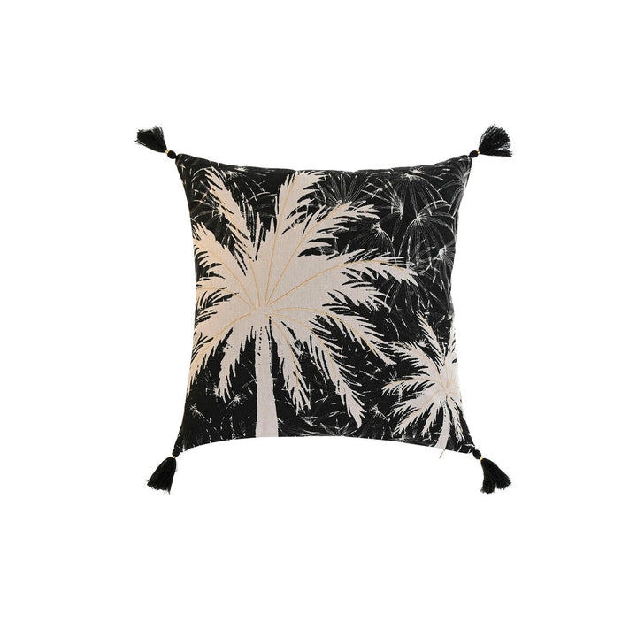 Schwarzes Esprit Home Kissen mit Palmenmuster und Quasten im Boho Stil.