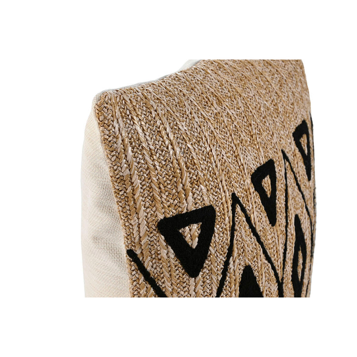 Nahaufnahme: Schwarzes Kissen Home ESPRIT mit natürlicher Webstruktur und geometrischen Formen.