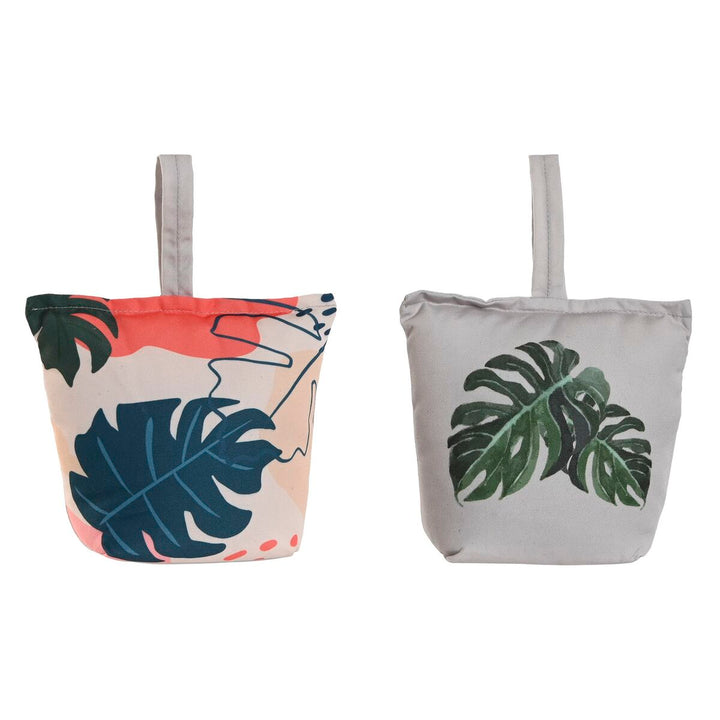 Zwei sandfarbene Türstopper mit Blattmuster und Griff für das Zuhause.