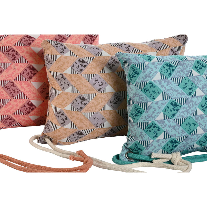 ESPRIT Home Kissen Set in Braun, Türkis und Koralle mit geometrischem Muster und Kordelzug.