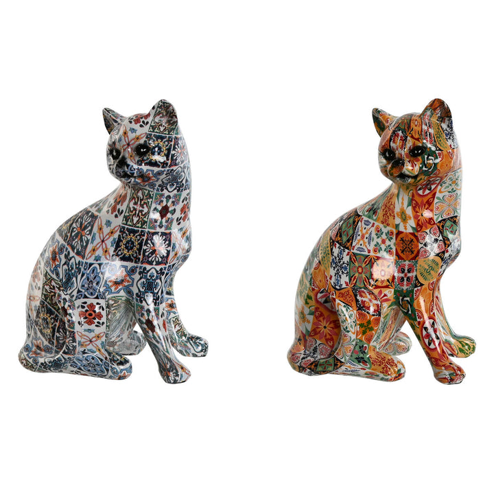 Bunte Deko-Figuren: Katze im mediterranen Stil. Keramik Figuren mit Patchwork Muster.