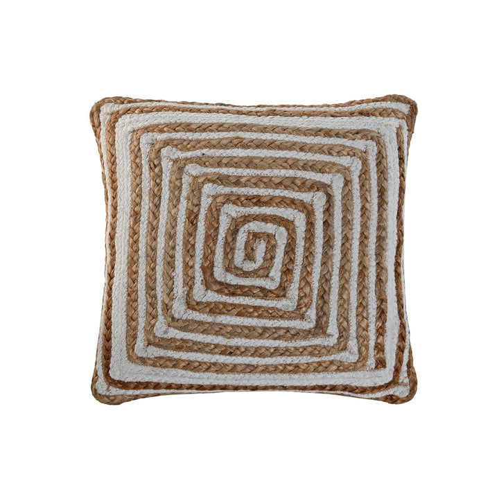 Quadratisches Kissen im Boho-Stil mit geflochtenem Muster aus Naturfaser.