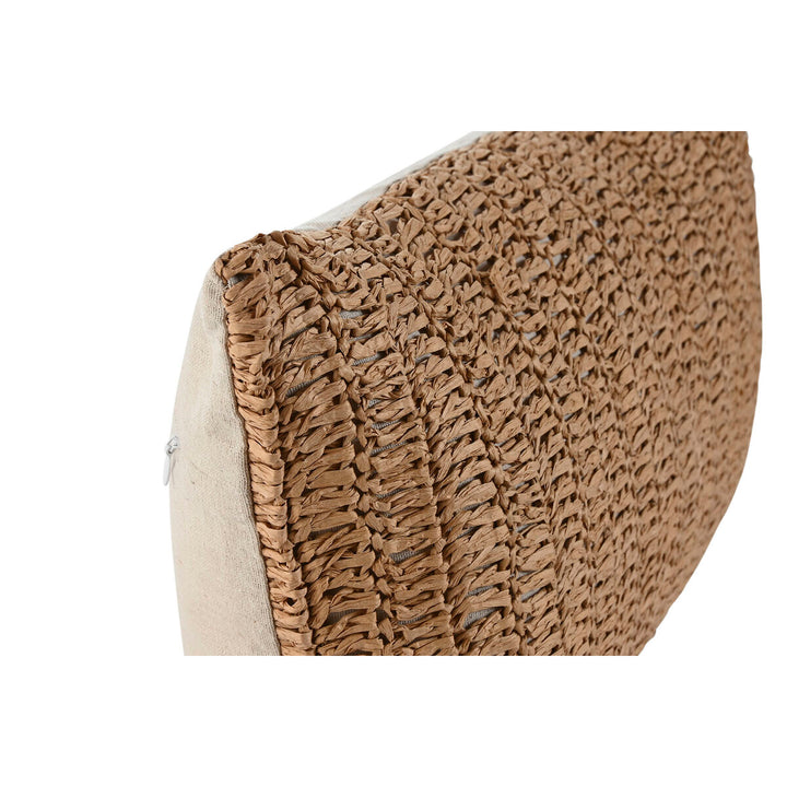 Nahaufnahme: Natürlich Kissen mit gewebter Textur und Tropical Design.