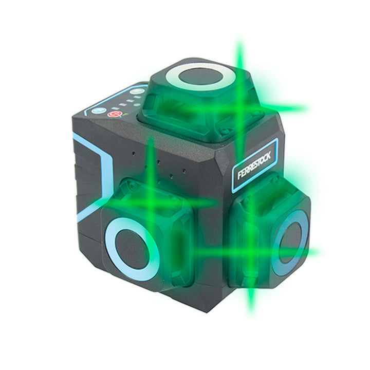 Ferrestock 3D Laser-Wasserwaage mit grünen Laserstrahlen für präzise Ausrichtung.