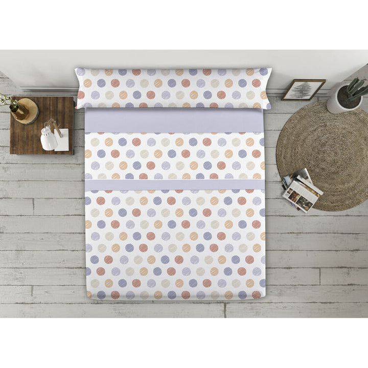 Violettes Bettwäsche-Set mit Punktmuster für Einzelmatratze. Sanfte Farben und modernes Design.