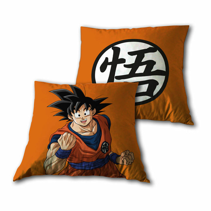 Orange Dragon Ball Kissen, 35x35 cm, mit Goku und Symbol Design.