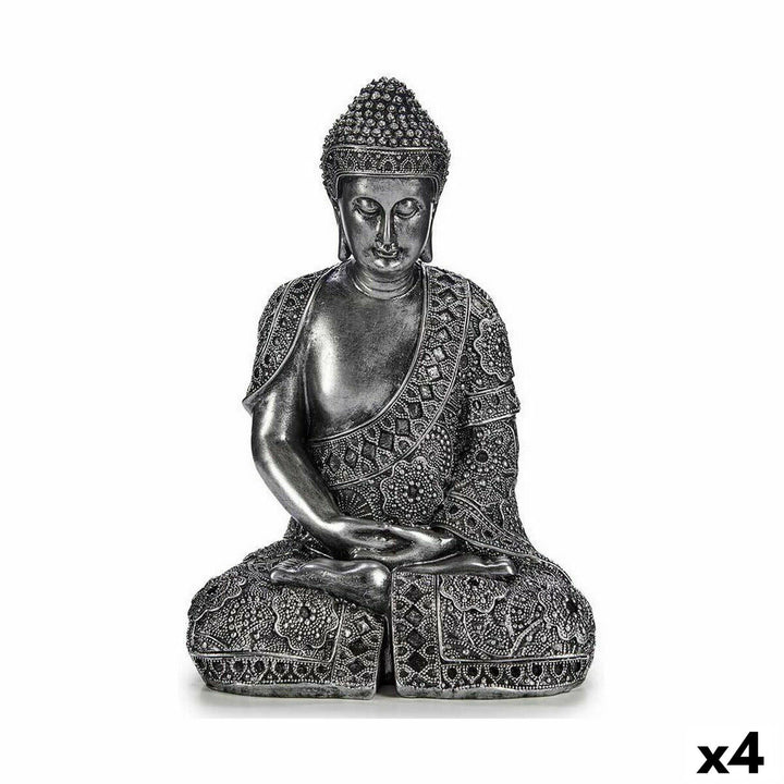 Silberfarbene Buddha Figur, sitzend, mit detaillierten Verzierungen. Deko-Figur, 4 Stück.