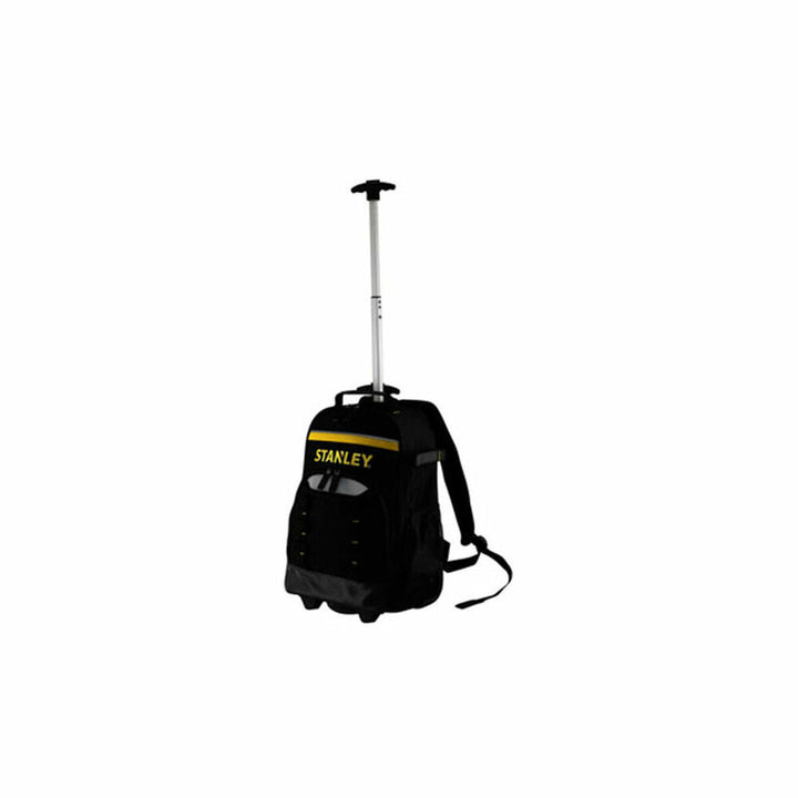 Schwarzer Stanley Trolley Rucksack mit Teleskopgriff und Rollen für einfachen Transport.