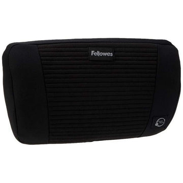 Schwarze Fellowes Foam Plus Touch Lendenwirbelstütze mit Textur und Logo für Komfort.