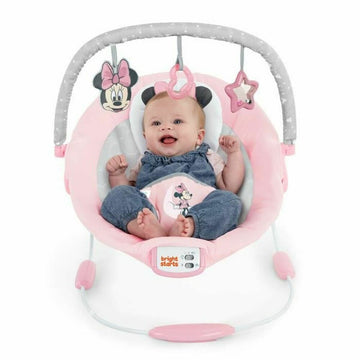 Rosa Bright Starts Baby-Liegestuhl mit Minnie Mouse Design und Spielzeugen für Babys.