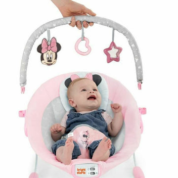 Rosa Bright Starts Minnie Mouse Baby-Liegestuhl mit Spielzeugbügel und Minnie Mouse Design.