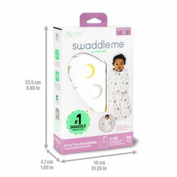 Verpackung des SwaddleMe Schlafsacks von Ingenuity, geeignet für Babys von 3-6 Monaten mit Mond- und Sternmuster.