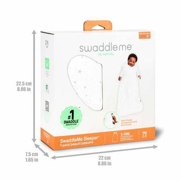 Ingenuity SwaddleMe Schlafsack 6-18 Monate. Weißer Schlafsack mit Sternenmuster auf der Verpackung.