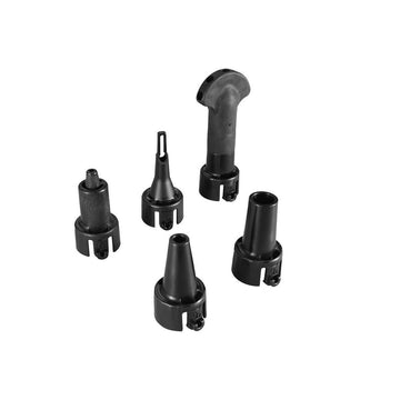 Schwarze Düsen für Makita DAS180Z Luftkompressor im Set, verschiedene Formen und Größen.