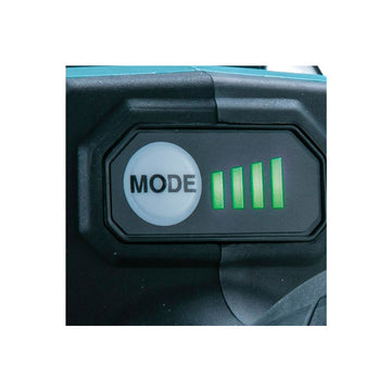 Makita DAS180Z Luftkompressor: Nahaufnahme des Bedienfelds mit Modus-Taste und grüner Leistungsanzeige.