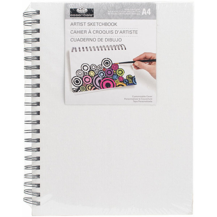 Weißer Royal & Langnickel A4 Zeichenblock mit Spiralbindung und anpassbarem Cover.