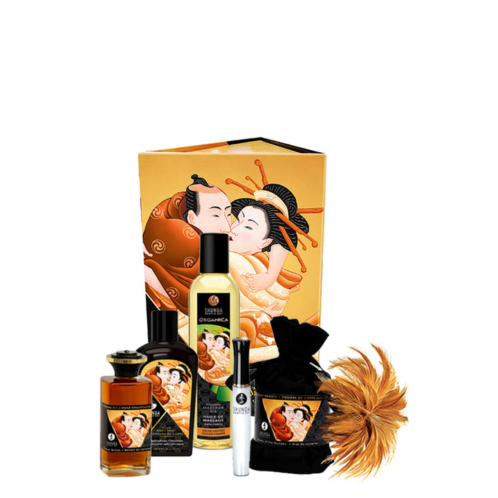 Shunga Large Pleasure Kit mit Massageöl, Federboa und Puder für erotische Momente.