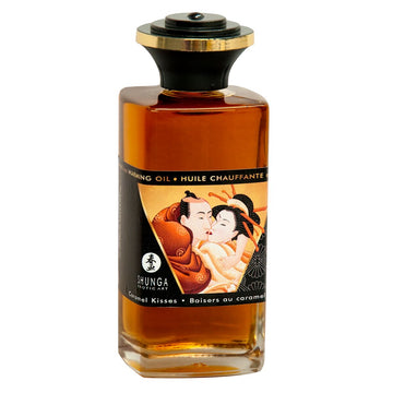 Karamellfarbenes Shunga Massageöl mit erotischer Kunst. Wärmendes Öl für sinnliche Momente.