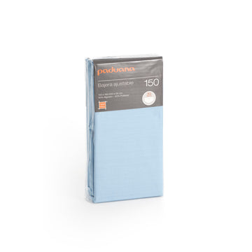 Verpacktes hellblaues Spannbetttuch, 90 x 30 x 200 cm, für Matratzen mit 30 cm Höhe.