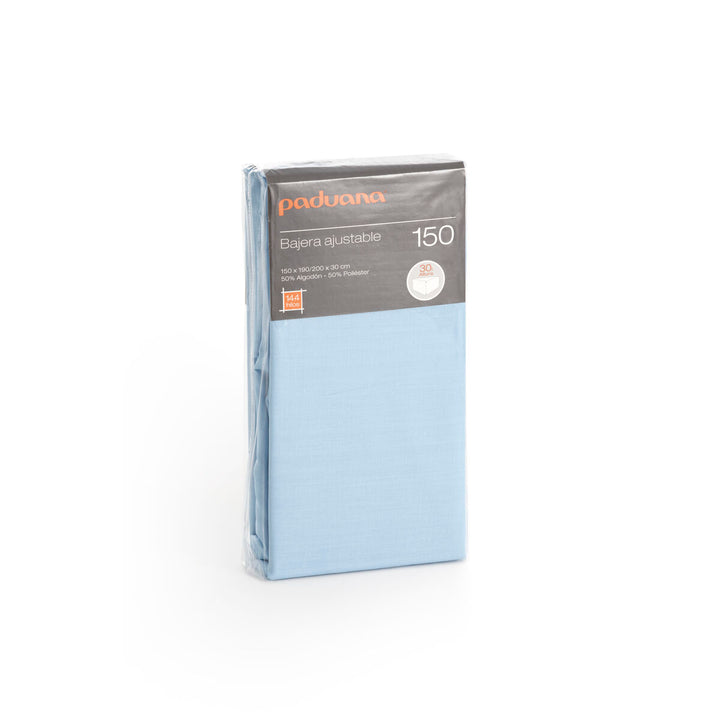 Verpacktes hellblaues Spannbetttuch, 90 x 30 x 200 cm, für Matratzen mit 30 cm Höhe.