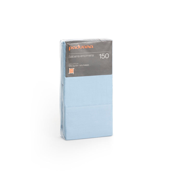 Verpacktes hellblaues Paduana Oberlaken, 260 x 270 cm, aus Baumwoll-Polyester-Mischung.