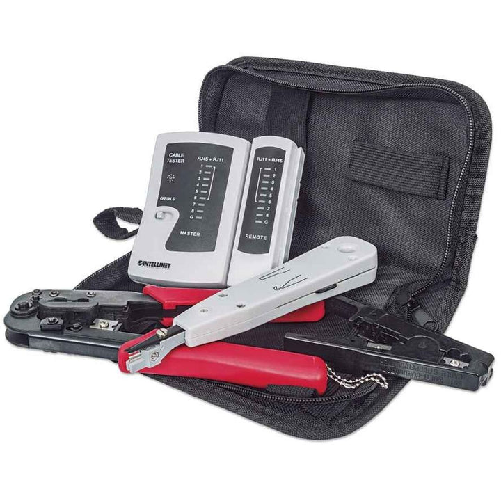 Intellinet Netzwerk Kit mit Abisolierzange, Crimpzange, Auflegewerkzeug und Kabeltester im schwarzen Tragekoffer.