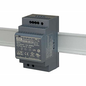 Grauer D-Link DIS-H60-24 60W Netzadapter auf Hutschiene montiert. Kompaktes Design für Industrieanwendungen.