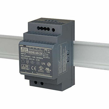 Grauer D-Link DIS-H60-24 60W Netzadapter auf Hutschiene montiert. Kompaktes Design für Industrieanwendungen.