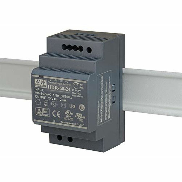 Grauer D-Link DIS-H60-24 60W Netzadapter auf Hutschiene montiert. Kompaktes Design für Industrieanwendungen.