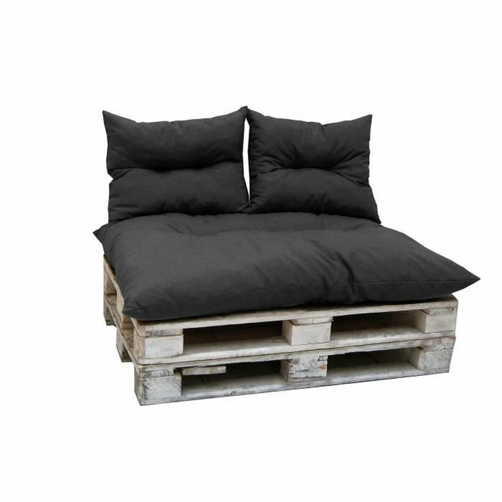 Dunkelgraues Kissen Pallet Kit mit weichen Sitz- und Rückenkissen für bequemes Sitzen.