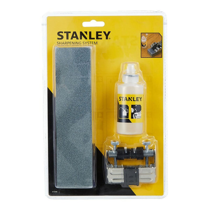 Stanley Messerschärfer-Set mit Schleifstein, Öl und Führung für präzises Schärfen.
