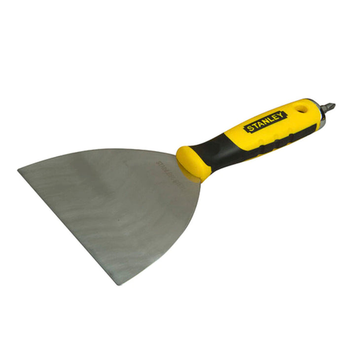 Stanley Spatel aus Edelstahl mit gelb-schwarzem Griff. Metall und Zink Spachtel.