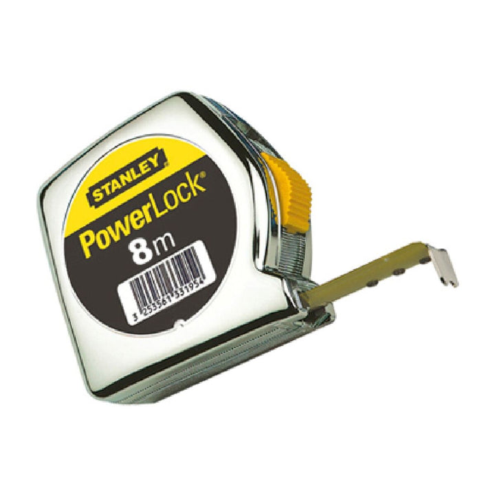 Stanley POWERLOCK Flexometer, 8m x 25mm, mit ABS Gehäuse und gelbem Verschluss.