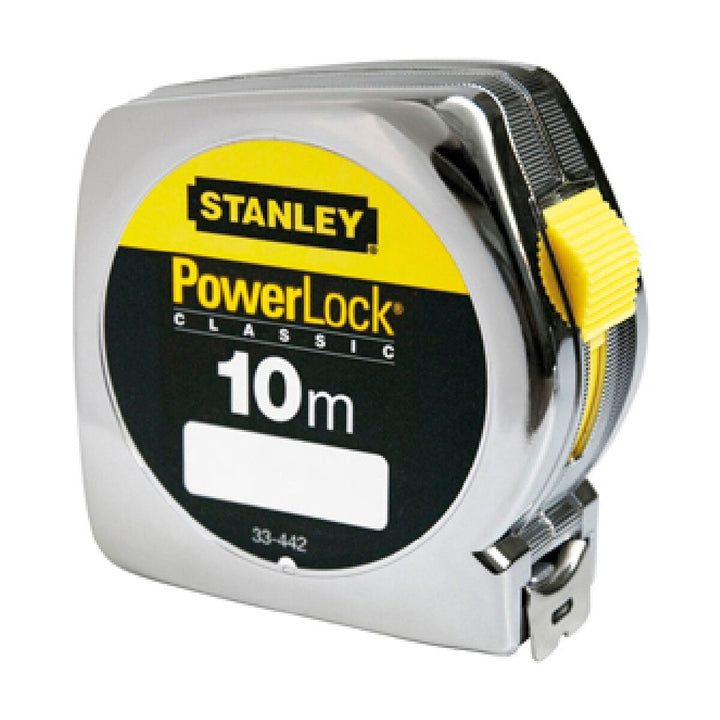 Silbernes Stanley PowerLock Flexometer mit 10 m Länge. ABS-Gehäuse und gut sichtbare Logos.