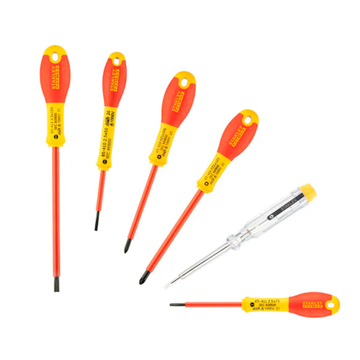 Stanley Schraubendreher-Set, 6-teilig. Rote und gelbe Griffe, verschiedene Größen und Schraubendreher-Köpfe.