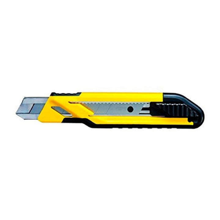 Gelber Stanley Cutter 18 mm mit scharfer Klinge und geriffeltem Schieber.