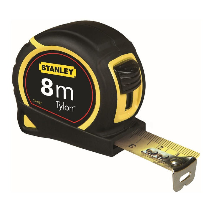 Schwarzes und gelbes Stanley Flexometer 8 m x 25 mm für präzise Messungen.