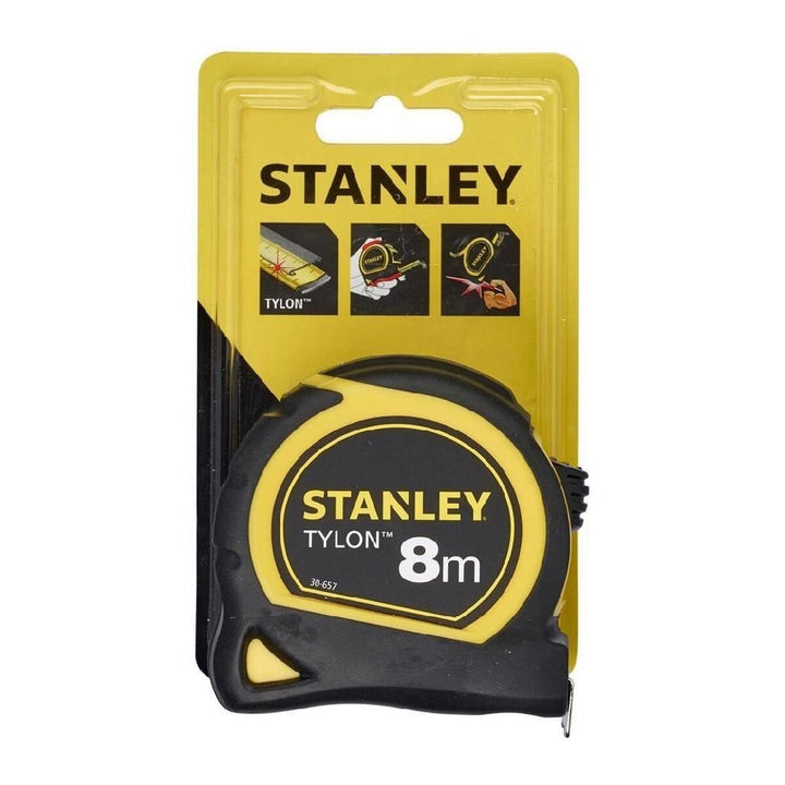 Stanley Flexometer 8m x 25mm, schwarzes und gelbes Gehäuse. Präzises Messband für genaue Messungen.